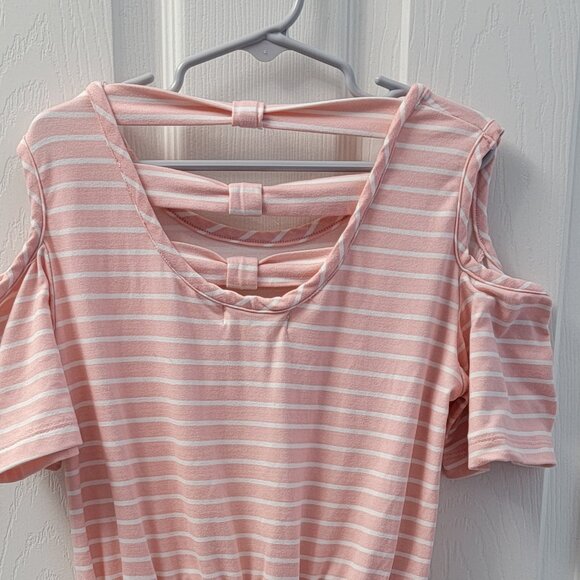 btween Striped Cold Shoulder Romper Short Sleeves Pink White Size 10 - Picture 6 of 15
